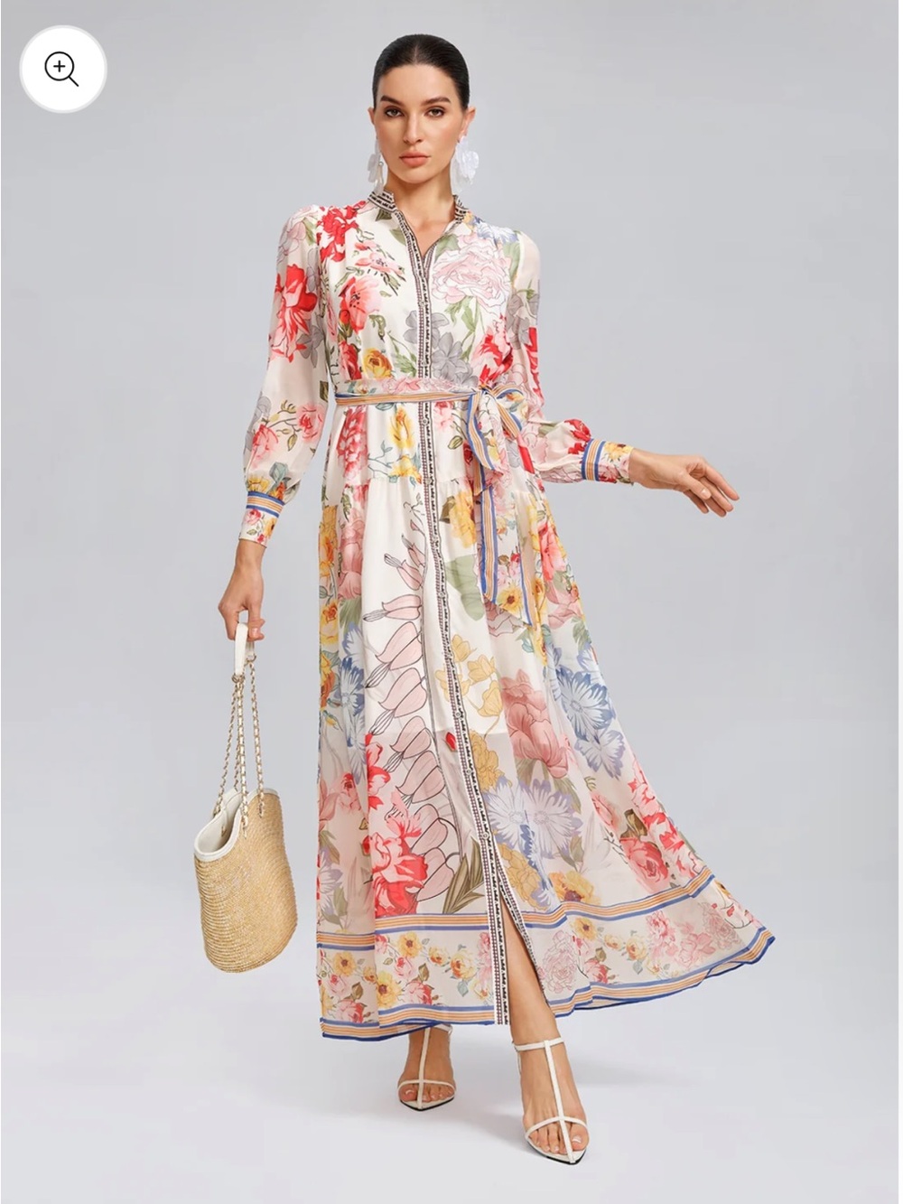 NWT Rich Radi Q's Floral Printed Adjustable Cuffs Shirt Dress w/ Waist Tie $299
